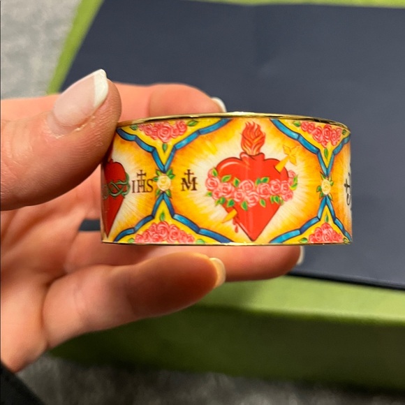 My Saint My Hero Elegant Gold and Red Cuff Bracelet with Sacred Hearts - Picture 4 of 5